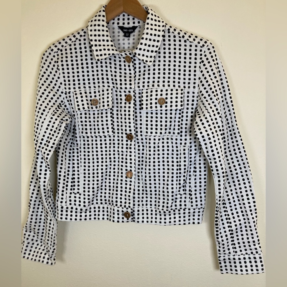 Saint + Sofia Cropped Polka Dot Jacket Tweed Black White Cotton Stretch Size 6 - Picture 2 of 12